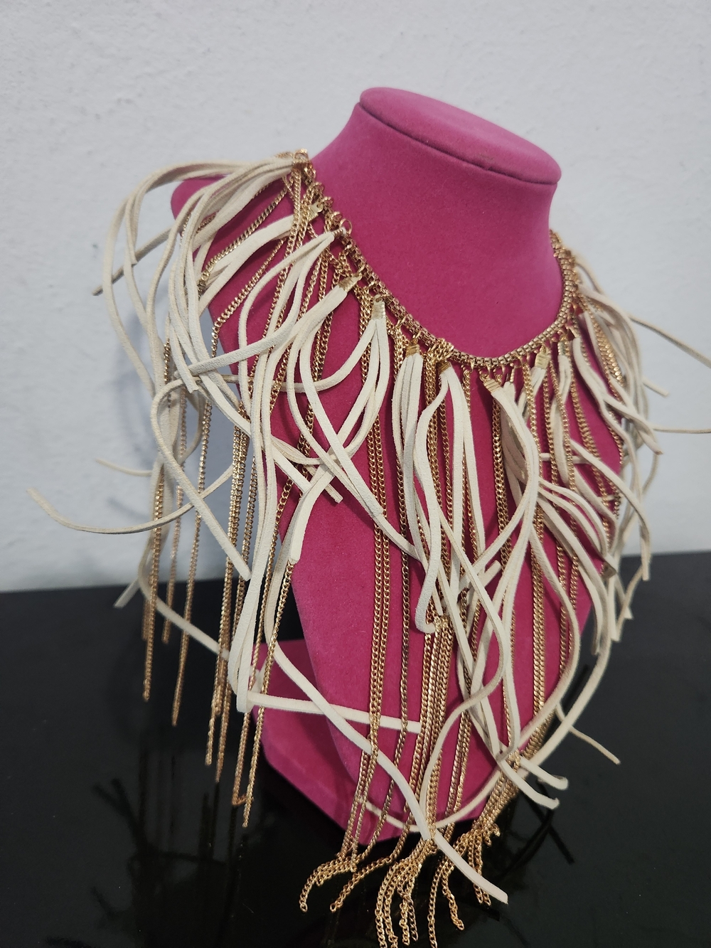 Source Unknown Gold Chain Necklace with Cream Fringe Accents